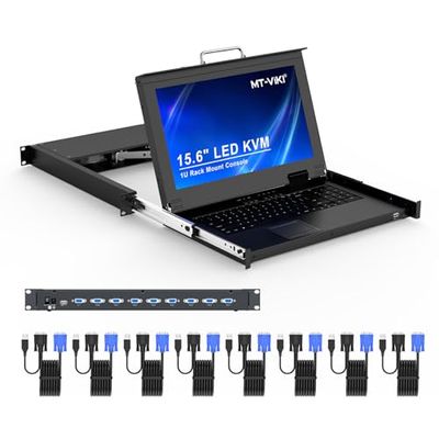 MT-VIKI® Console KVM à Montage en Rack, Commutateur VGA 8 Ports Avec Écran LCD 15,6 Po, 1080p, Pavé Tactile Intégré, Clavier, Tiroir et 8 Câbles