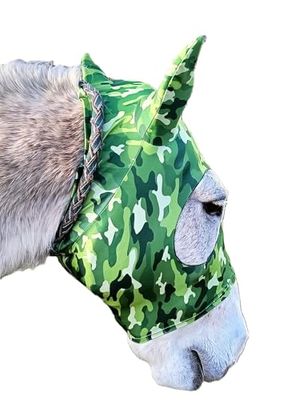 Maschera per Cavallo in Tessuto di Lycra di Alta Qualità con Orecchie Anti mosche Mod. PADDOCK Fantasia MIMETICO VERDE, Taglia FULL