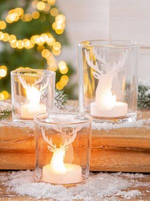 Pack of 8 Lantern, cylindrical, Deer motif, Glass, clear, PU 8, H. 10 cm, D. 9 cm
