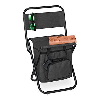 Relaxdays Silla Camping con Bolsa, Plegable, Respaldo, Mochila, Pescador, Pesca, Jardín, Portátil, 60x35x35, Tela, Negra