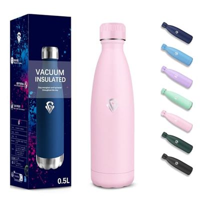 Botella Agua Acero Inoxidable, 500 ml Libre de BPA, Botella Termica, Aislamiento al Vacío de Boble Pared, Cantimplora, 304 Acero Inoxidable, Cantimplora Termica para Escuela, Cámping, Yoga - Rosa
