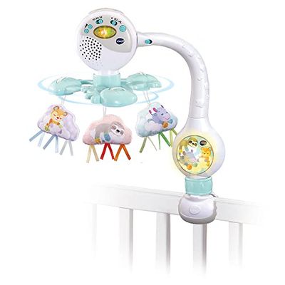 VTech Mobiloklipp av Baby Loulous, mobil musikalisk babysäng, barnvagn och sits, 3 plyschmoln, nattljus, mjuk musik och naturljud, födelsegåva - innehåll på svenska