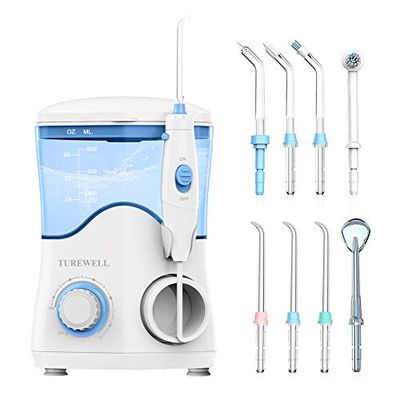 TUREWELL Hydropulseur Jet Dentaire avec 8 buses multifonctions, capacité de 600ml, 10 réglages de pression d'eau, approuvé FDA/CE Irrigateur Oral professionnel (Blanc)