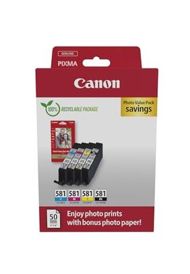 Canon CLI-581 C M Y BK Value Pack de 4 Cartouches (Noir Cyan Magenta Jaune) +50 Feuilles Papier Photo 10x15cm Certifié (Carton Recyclable 2024)