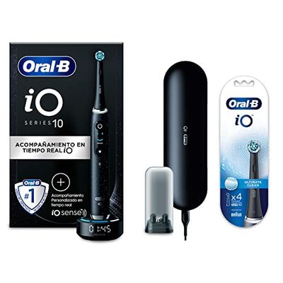 Oral-B iO 10 Cepillo de Dientes Eléctrico Negro, con Mango Recargable, Tecnología iO, Con 1 Cabezal de Recambio, Cargador Inteligente Y 1 Estuche De Viaje De Carga + 4 cabezales Negros Ultimate Clean