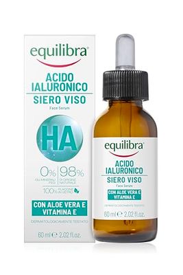 Equilibra, Siero Viso Acido Ialuronico a Diversi Pesi Molecolari, 60 ml, con Aloe Vera Equilibra e Vitamina E, Siero Gel Facilmente Assorbibile, Dermatologicamente Testato e Adatto a Pelli Sensibili