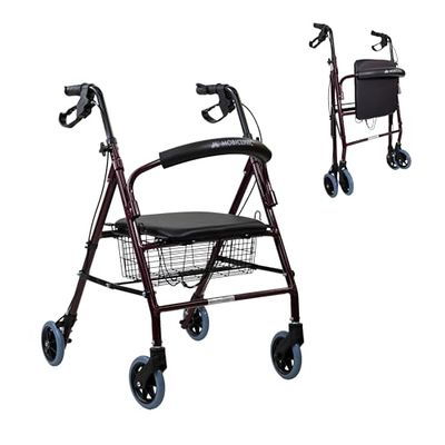Rollator lichtgewicht | Inklapbaar en verstelbaar | Aluminium | Met mandje en zitting | Bordeaux | Escorial | Mobiclinic