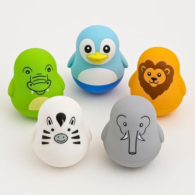 TensCare Zoo Friends Set 5 - Penguin, Lion, Éléphant, Zèbre, Crocodile | Thermomètres de bain flottants LCD/LED, Silicone sans BPA, Batterie longue durée