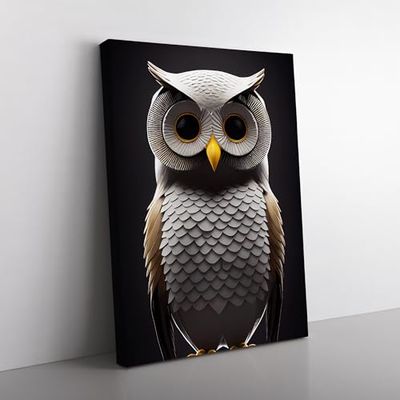 The Enlightened Owl Black, Brown, Grey Canvas Wall Art Print Ready to Hang, Framed Picture for Living Room Bedroom Home Office Décor, 76x50 cm (30x20 Inch)