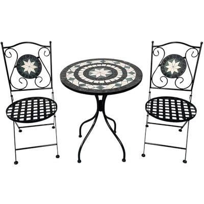 SET 2 SILLAS Y MESA HIERRO/PIEDRA DECORADAS_MESA:°60X71CM SILLA:36X42X92C