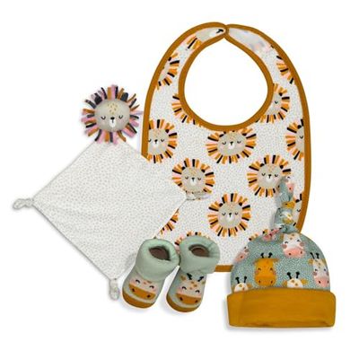 Interbaby - Coffret cadeau pour nouveau-né modèle Lion - De 0 à 6 mois environ - Ensemble set 4 pièces composé d'un bonnet, d'un dou d'un bavoir et de peucos
