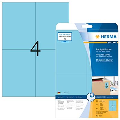 HERMA 4563 färgade etiketter A4 avtagbart (105 x 148 mm, 20 ark, papper, matt) självhäftande, utskrivbara, avtagbara och återhäftande färgetiketter, 80 klistermärken, blå