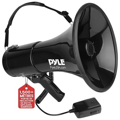 Pyle Haut-Parleur Mégaphone avec Sirène Intégrée, Mégaphone Porte-Voix, 50 Watts, Volume Réglable, Idéal pour Les Fans, Entraîneurs de Sports, Cheerleading, Exercices de Sécurité, Noire