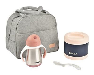 BÉABA, Thermo-maaltijdset voor baby's en accessoires, lunchbox, thermische orties van roestvrij staal, 500 ml en drinkbeker van roestvrij staal 250 ml, lepel van siliconen, oud roze