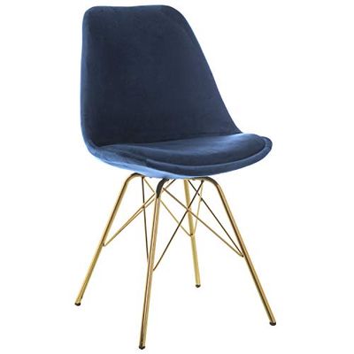 DRW Set di 2 sedie in Metallo Velluto in Oro e Blu Seduta 50 cm, 48x55x83cm, Alt. Asiento 50cm