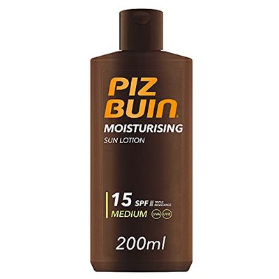 PIZ BUIN Moisturising Latte Solare SPF 15, Crema solare 15 idratante, Protezione solare 15 con filtro solare UVA/UVB e Glicerina, Latte solare SPF15 resistente all'acqua e al sudore, 200 ml