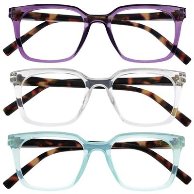 OPULIZE KOI Occhiali da Lettura, Confezione da 3 - Montatura Rettangolare Grande - Viola-Verde Acqua-Trasparente - Unisex - Cerniere a Molla - RRR50-5CQ - +2.50