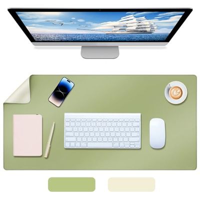 AiQInu Tapis de Souris 80x40 cm, Tapis de Bureau PU Cuir, Grand Tapis de Souris pour Ordinateur Portable, Bloc-Notes - Double Face (Beige, Vert)