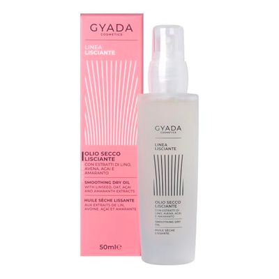 GYADA COSMETICS, Olio Secco Lisciante, Ultraleggero, Tocco Asciutto e Setoso, Non Unge, Idrata, Disciplina, con Estratti di Lino, Avena, Acai e Amaranto, 50 ml