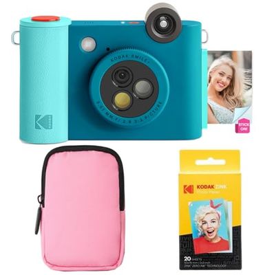 KODAK Smile+ - Paquete de iniciación de cámara instantánea Digital e Impresora fotográfica 2 en 1, Funda Suave + Papel Zink, 10 MP, Lente giratoria, Color Azul
