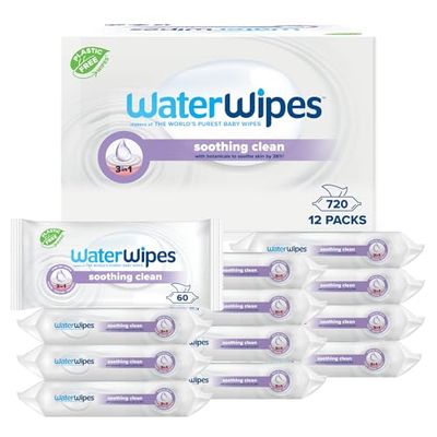 WaterWipes Limpieza Calmante Toallitas para Bebé, 720 Toallitas (12 Pack), con 99% de Agua y Extractos botánicos, Toallitas húmedas para Rostro y Cuerpo