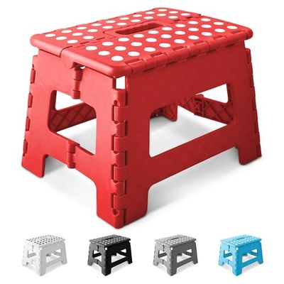 KEPLIN 9 Inch Heavy Duty Folding Step Stool | Non-Slip Foldable Footstool for Toddlers, Children & Adults | Portable, Lightweight Plastic Footstep w/Carrying Handle for Indoor or Outdoor (Red)