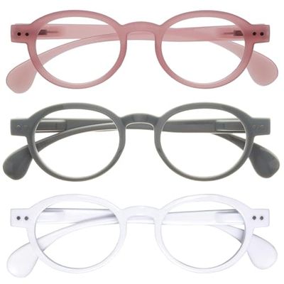 OPULIZE OCA Occhiali da lettura - Pacco da 3 - Montatura Moderna Retró Rotonda - Rosa Grigio Bianco - Uomini Donne - Cerniere a molla - RRR54-47W - +2.50