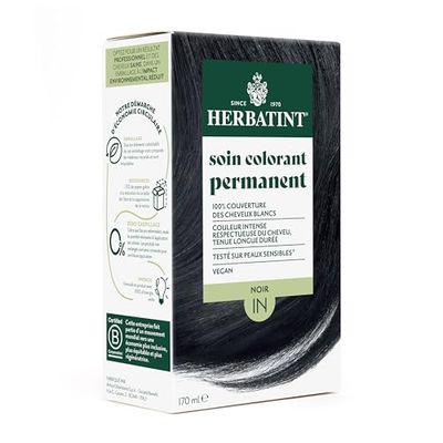 Herbatint Soin Colorant Permanent pour Cheveux 1N Noir - 170 ml | Sans Ammoniaque, 100% de Couverture des Cheveux Blancs | Testé Dermatologiquement pour Peaux Sensibles, avec 8 Extraits Végétaux Bio