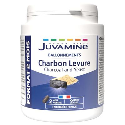 JUVAMINE Charbon Levure, Digestion, Gaz intestinaux, Ballonnements, Contribue à Réduire l'excès de Flatulences, Programme de 2 mois, 120 Gélules, Fabriqué en France