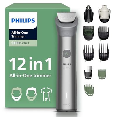 Philips Multigroom 5000 Series All-in-One 12-Piece Trimmer - Shaver and Clipper for Face, Head & Body, Self-Sharpening Full Metal Blades, 20 Length Settings (0.5-20 mm), Model MG5952/30