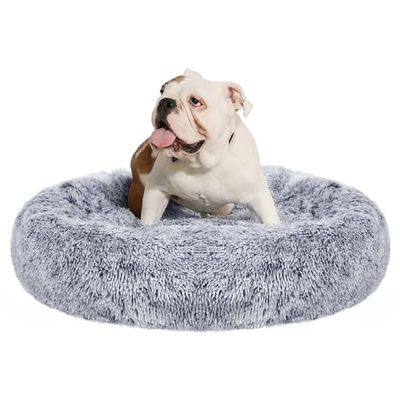 Feandrea Hondenbed wollig, kattenbed, donutkussen, wasbaar, zachte bekleding in het midden uitneembaar, lang pluche, 90 cm diameter, ombré-grijs PGW041G01