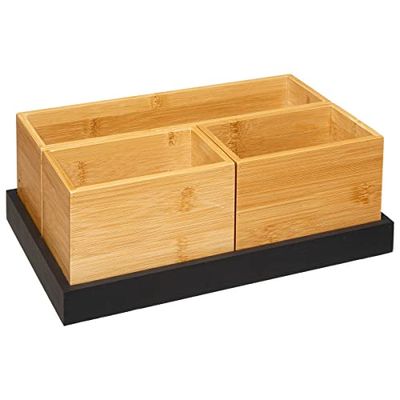 Five - Organiseur de Salle de Bain Rangement Maquillage 3 Boites en Bambou et 1 Plateau Noir Charbon