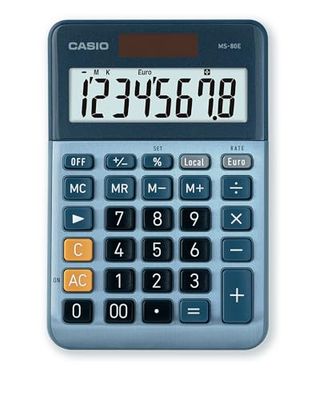 CASIO Bordsräknare MS-80E, 8-siffrig, valutkonvertering, aluminiumfront, snabbkorrigeringsknapp, sol-/batteridrift