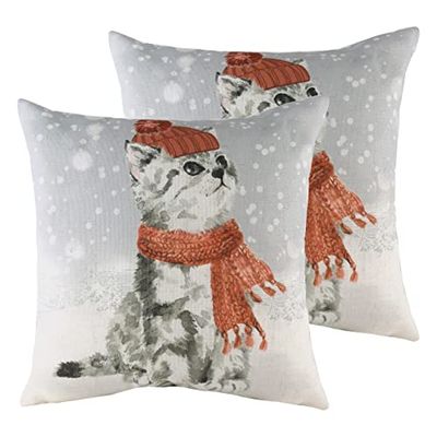 Evans Lichfield Chat enneigé avec Coussins remplis de Plumes de Foulard (Pack jumeau), Multi, 43 x 43cm