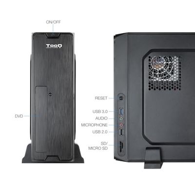 Caja slim MATX con lector de tarjetas, 500W de potencia, ideal para construir sistemas compactos y de bajo consumo.