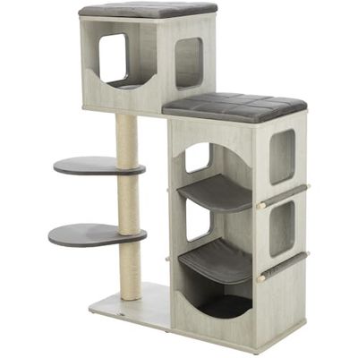 TRIXIE Adriano 44466 Speelhuis voor katten, 118 cm, grijs, krabpaal met meerdere verdiepingen, met grotten voor katten en verschillende slaapmogelijkheden, moderne kattentoren
