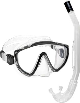 CRESSI Tino & Island 2.0 Clear/Black - Combi Set Snorkelmasker Tino en Snorkel Island 2.0 voor Volwassenen, Helder/Zwart, Eén maat