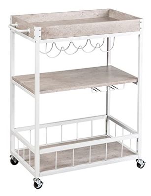 WENKO Carrito de cocina Rustico, 3 niveles, carrito de servicio versátil Wenko con 4 ruedas, soporte para copas de vino y botellas, 80 x 89,5 x 40 cm, carrito de metal lacado y MDF, hormigón/blanco