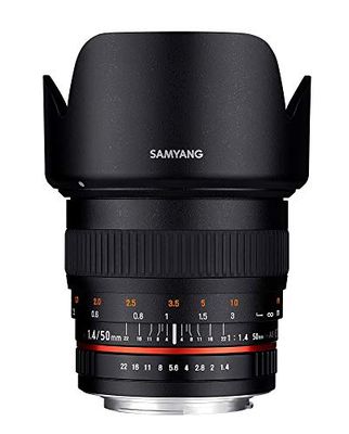 Samyang F111109101 - Alvo fotográfico DSLR para micro quatro terços (distância focal fixa de 50 mm, abertura f/1,4-22 AS UMC, diâmetro do filtro: 77 mm), preto
