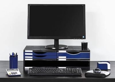 M-Office Atenea Soporte para Monitor Ergosostenible Producto 100% Reciclado Y Reciclable Incluye Un Cajón Grande, Dos Pequeños Y Una Bandeja Amplia para Clasificación