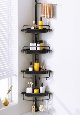 WSBArt Étagère de douche antirouille avec 4 étagères réglables avec poteau de tension et grande capacité pour baignoire, shampooing, accessoires, 98,6 à 311,7 cm