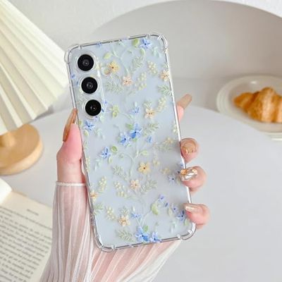 ZTOFERA Telefoonhoesje voor Samsung Galaxy S24 Plus, transparant, leuk bloemenpatroon voor vrouwen en meisjes, beschermend, schokbestendig, dun, TPU-bumperhoesje voor Samsung S24 Plus, blauw roze