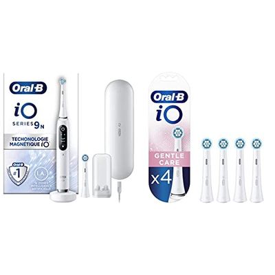 Oral-B iO 9N Brosse À Dents Électrique Blanche connectée Bluetooth, 2 Brossettes, 1 Étui De Voyage Chargeur & iO Gentle Care, Embout, Pack de 4 Brossettes de Rechange pour Brosse à Dents Électrique