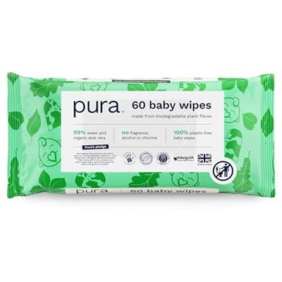 Pura Eco Friendly Baby Wipes, 99% Water, 100% Plastic Free, Biodegradable, Compostable, Vegan, Suitable for Sensitive, Eczema Prone and Newborn Skin, Vegan, 1 Pack of 60 Water Based Wet Wipes