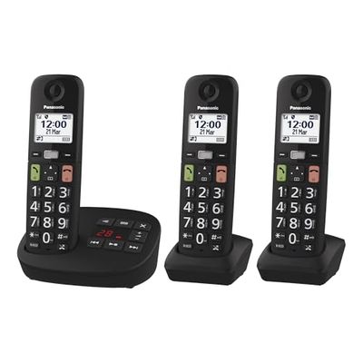 Panasonic KX-TGU133EXB Téléphone Numérique sans Fil avec Répondeur, Unité de Base et 3 Combinés, Écran LCD, Grosses Touches, Appel Favori, Compatible avec Les Appareils Auditifs, Noir