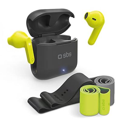 SBS Kit sport MUSIC BOUNCE con 3 fasce elastiche fitness e auricolari TWS, bande elastiche con diverse intensità, raggio operativo 10 metri, custodia, cavetto di ricarica e manuale esercizi inclusi