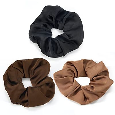 3 stuks 100% zijde haarelastiekjes haarringen dames paardenstaart houder haarband, grote scrunchies van zijde, haarvriendelijke haarelastiekjes tegen haarbreuk (bruin, zwart, geel)