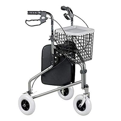 Homecraft Folding Three Wheeled Rollator, Tri Mobility Walker with Lockable Cable Brakes, Carry Bag, Basket and Tray, Walking Mobility Aid, Lightweight Foldable Steel Frame, Quartz