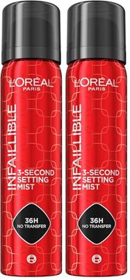 L'Oreal Paris Infallible 3-second Setting Spray, Long-Lasting Fixing Spray for Face, lightweight micro mist non-sticky, transfer proof, sets makeup for up to 36 Hour, 75ml (Pack of 2)