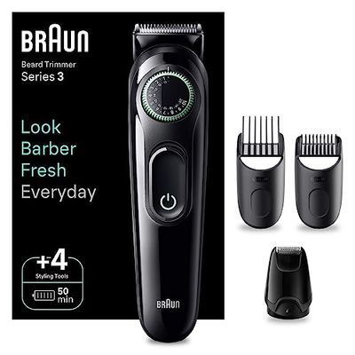 Braun Beard Trimmer Series 3 & Hair Clippers, 40 Length Settings, Rechargeable 50-min Cordless Runtime, Gifts for Men, UK 2 Pin Plug, BT3421, Black/Vibrant Green